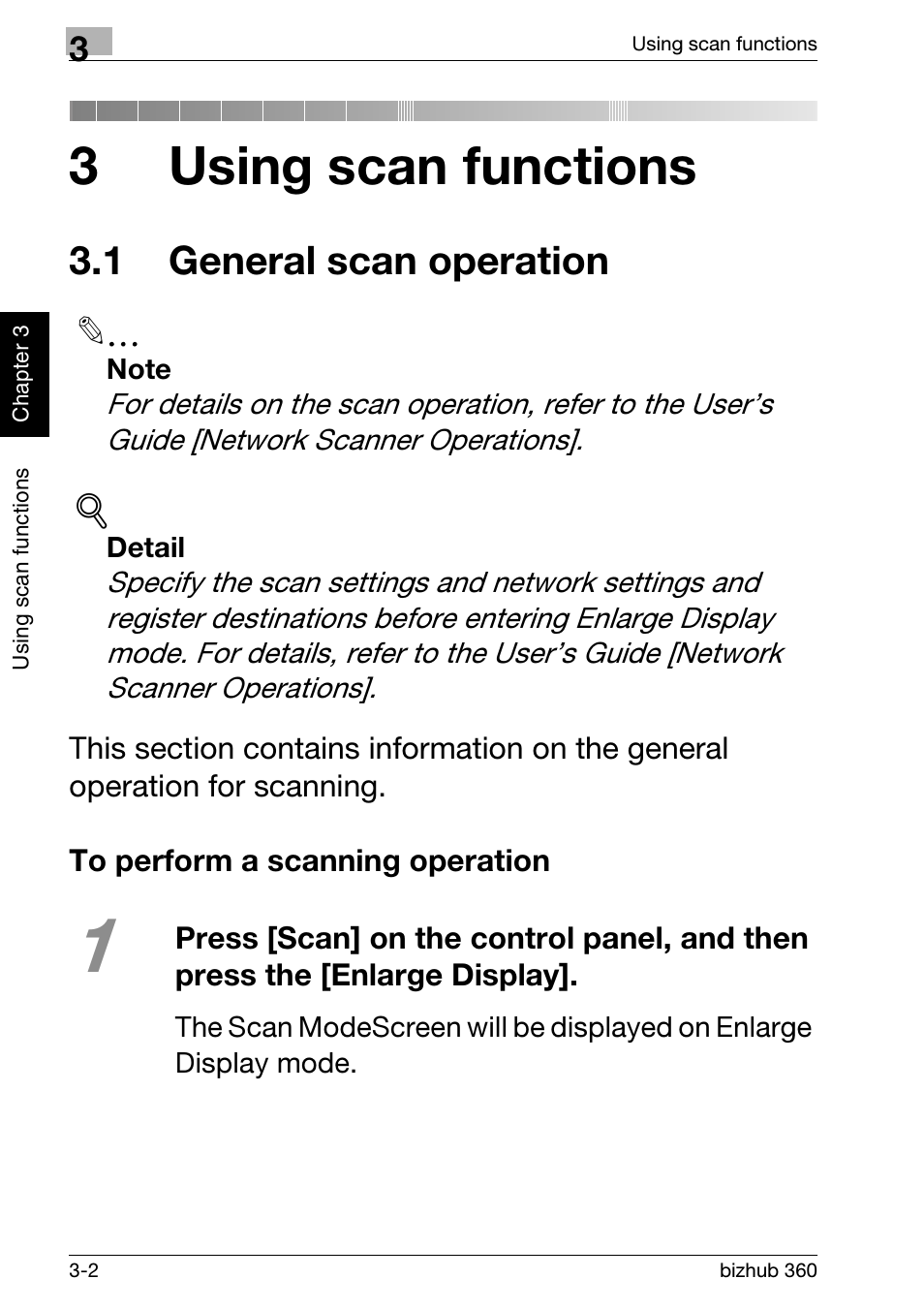 3 using scan functions, 1 general scan operation, To perform a scanning operation | 1 general scan operation -2, To perform a scanning operation -2, 3using scan functions | Konica Minolta bizhub 360 User Manual | Page 82 / 152