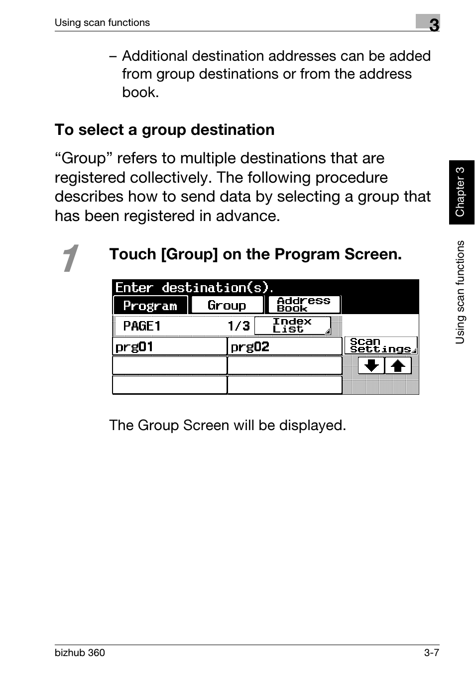 To select a group destination, To select a group destination -7, Touch [group] on the program screen | Konica Minolta bizhub 360 User Manual | Page 87 / 152