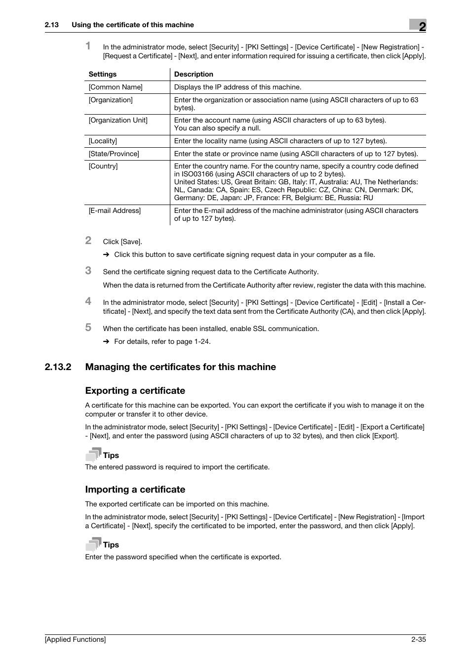 2 managing the certificates for this machine, Exporting a certificate, Importing a certificate | Konica Minolta bizhub C3350 User Manual | Page 103 / 153