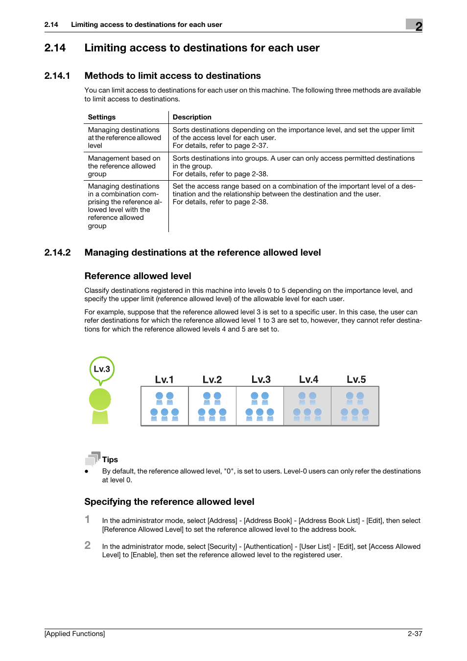 14 limiting access to destinations for each user, 1 methods to limit access to destinations, Reference allowed level | Specifying the reference allowed level, Limiting access to destinations for each user -37, Methods to limit access to destinations -37 | Konica Minolta bizhub C3350 User Manual | Page 105 / 153