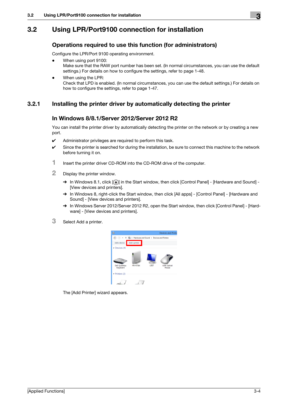 2 using lpr/port9100 connection for installation, In windows 8/8.1/server 2012/server 2012 r2 | Konica Minolta bizhub C3350 User Manual | Page 112 / 153
