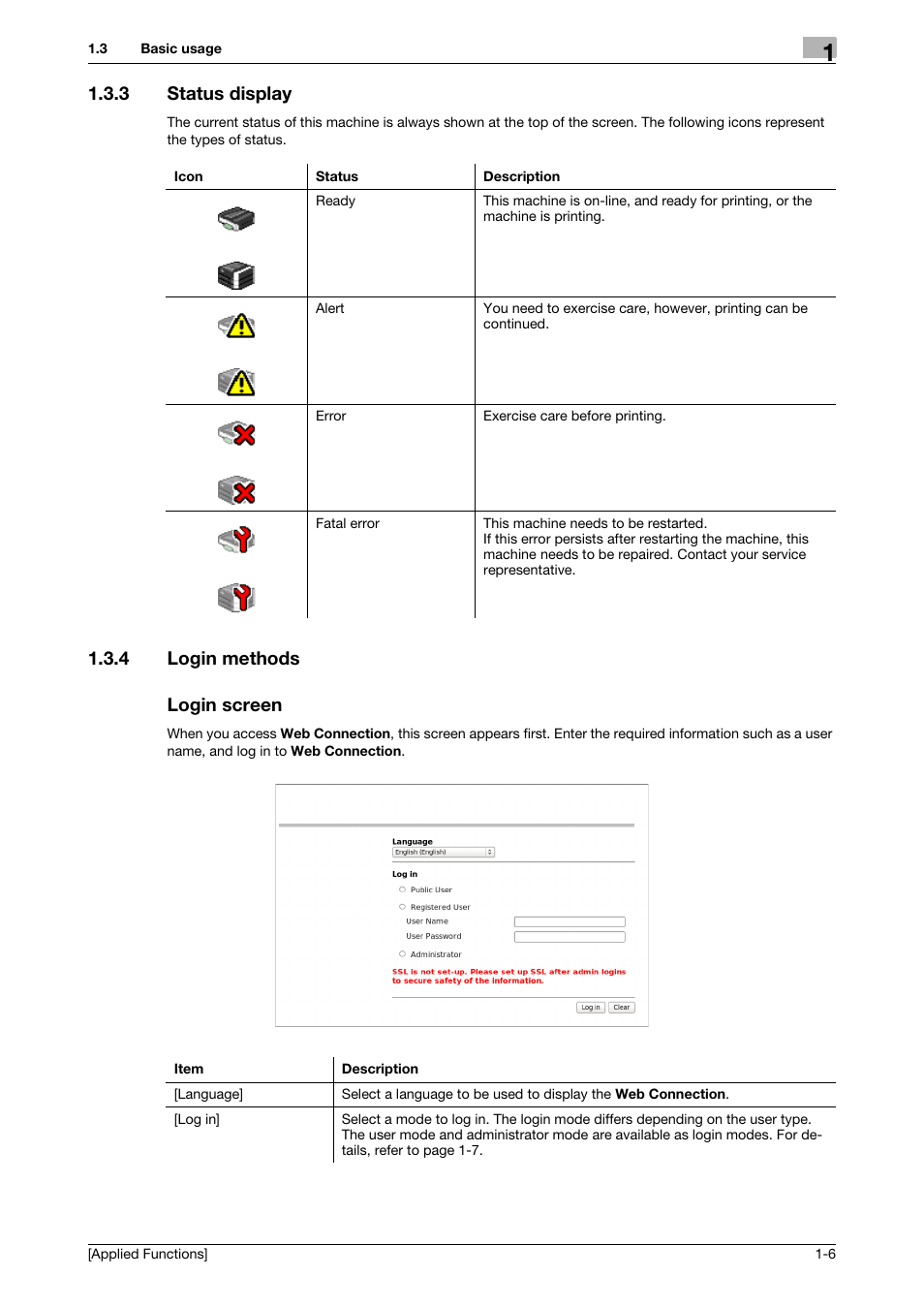 3 status display, 4 login methods, Login screen | Status display -6, Login methods -6 login screen -6, 4 login methods login screen | Konica Minolta bizhub C3350 User Manual | Page 12 / 153