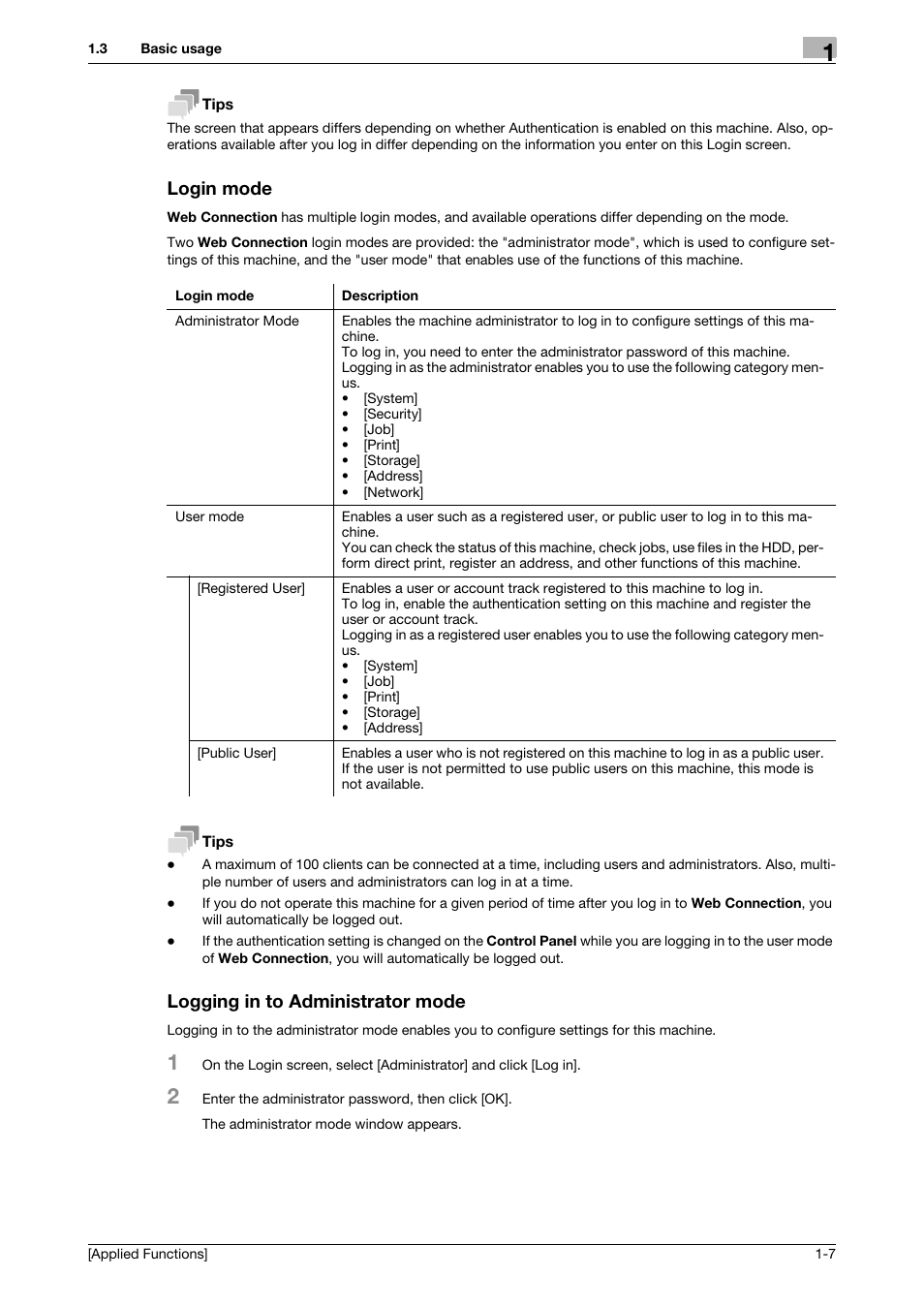Login mode, Logging in to administrator mode, Login mode -7 logging in to administrator mode -7 | Konica Minolta bizhub C3350 User Manual | Page 13 / 153