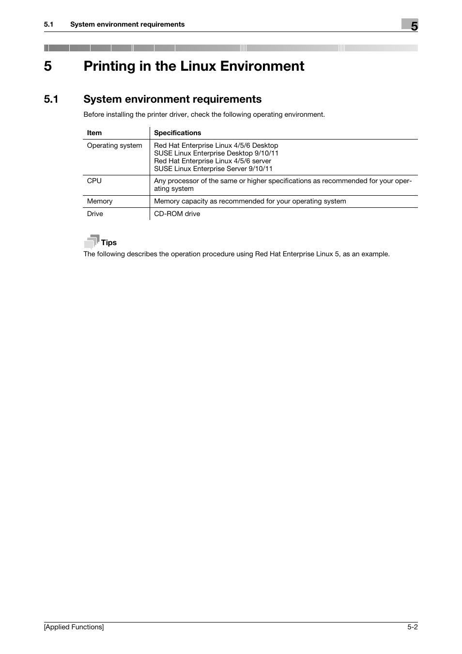 5 printing in the linux environment, 1 system environment requirements, Printing in the linux environment | System environment requirements -2, 5printing in the linux environment | Konica Minolta bizhub C3350 User Manual | Page 136 / 153