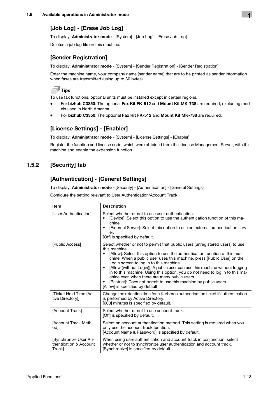 Job log] - [erase job log, Sender registration, License settings] - [enabler | 2 [security] tab, Authentication] - [general settings | Konica Minolta bizhub C3350 User Manual | Page 24 / 153
