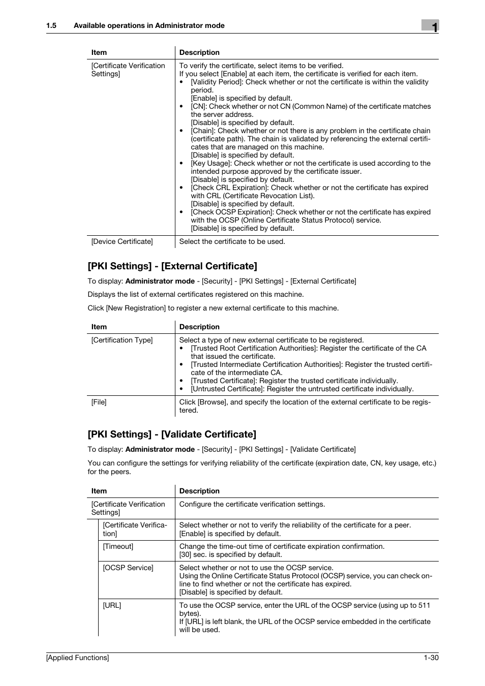 Pki settings] - [external certificate, Pki settings] - [validate certificate | Konica Minolta bizhub C3350 User Manual | Page 36 / 153