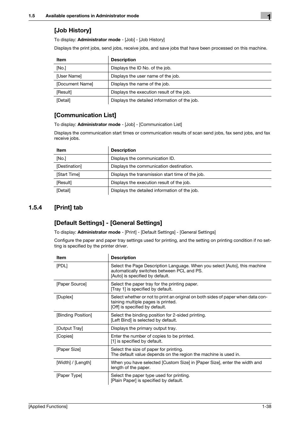 Job history, Communication list, 4 [print] tab | Default settings] - [general settings, Job history] -38 [communication list] -38 | Konica Minolta bizhub C3350 User Manual | Page 44 / 153