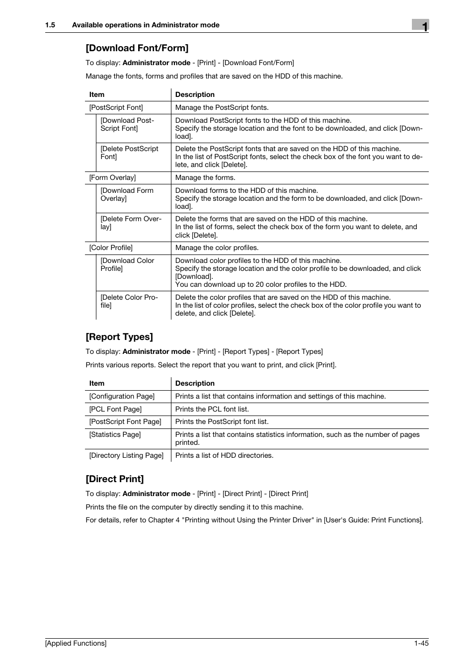 Download font/form, Report types, Direct print | Konica Minolta bizhub C3350 User Manual | Page 51 / 153