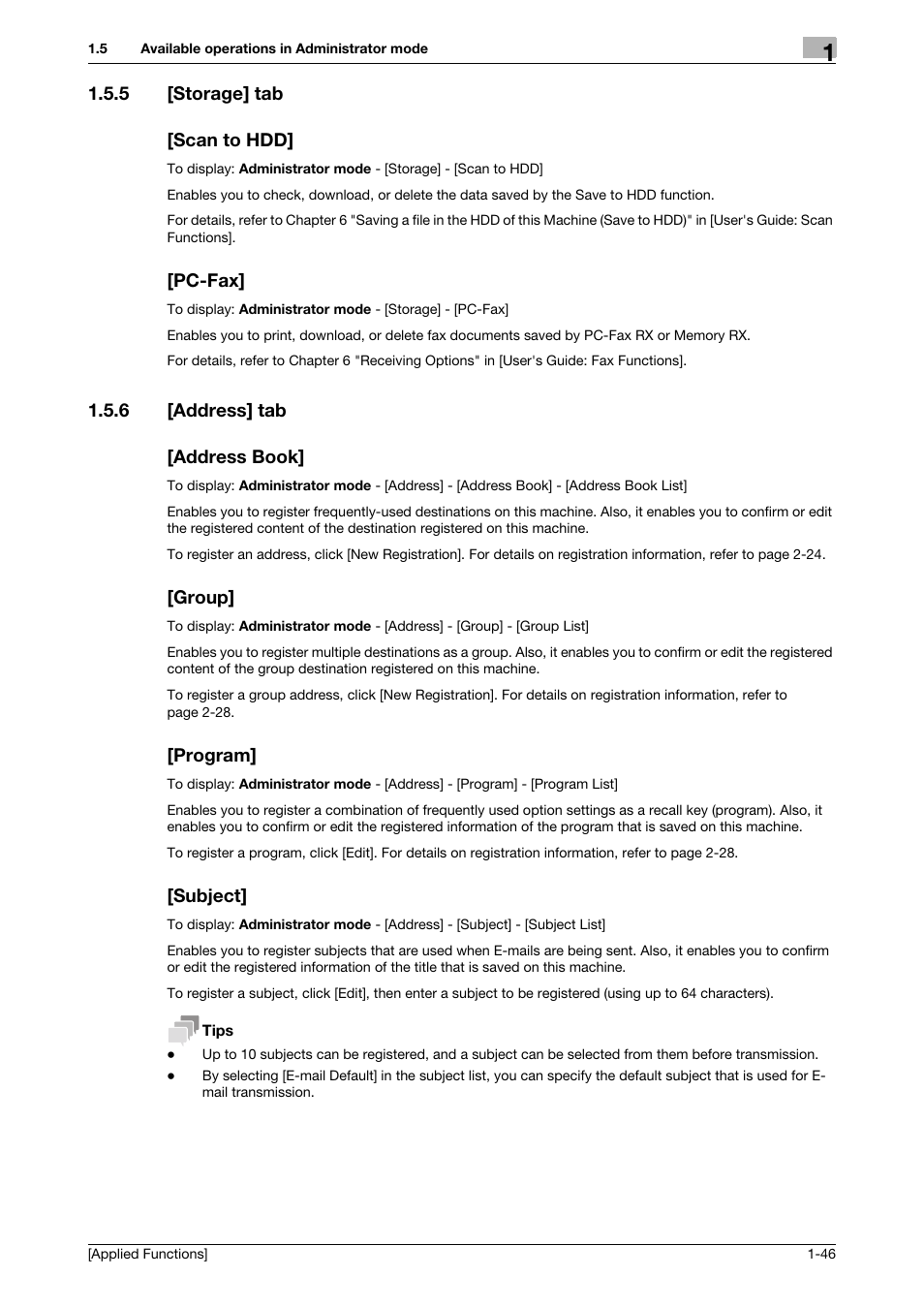 5 [storage] tab, Scan to hdd, Pc-fax | 6 [address] tab, Address book, Group, Program, Subject, Storage] tab -46 [scan to hdd] -46 [pc-fax] -46 | Konica Minolta bizhub C3350 User Manual | Page 52 / 153