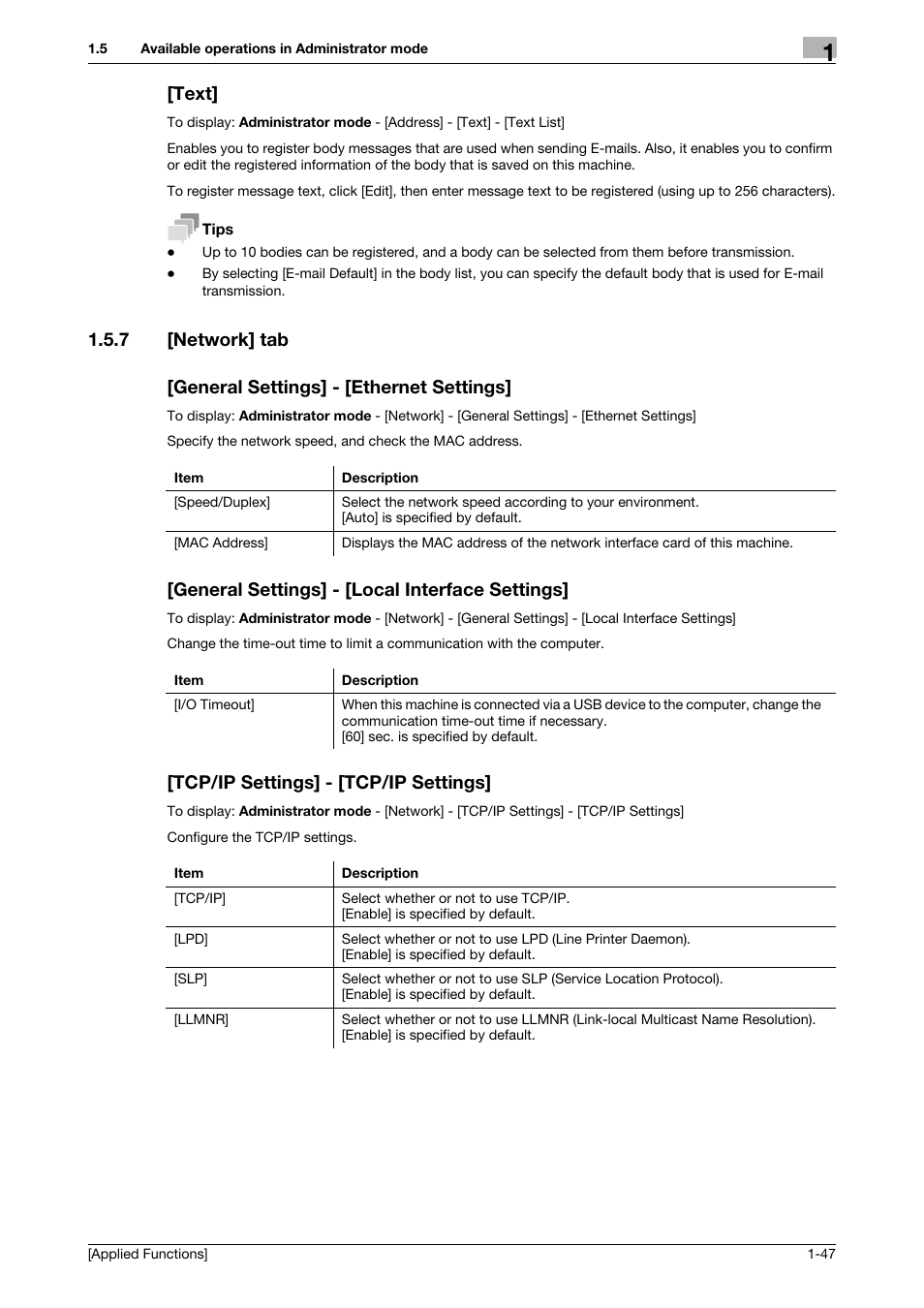 Text, 7 [network] tab, General settings] - [ethernet settings | General settings] - [local interface settings, Tcp/ip settings] - [tcp/ip settings, Text] -47 | Konica Minolta bizhub C3350 User Manual | Page 53 / 153