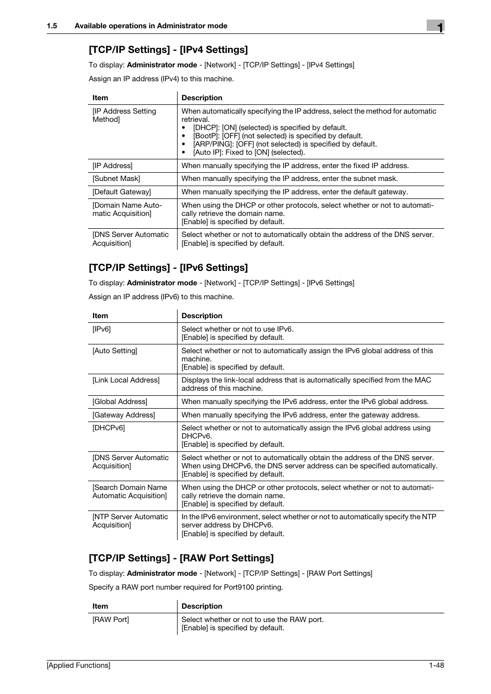 Tcp/ip settings] - [ipv4 settings, Tcp/ip settings] - [ipv6 settings, Tcp/ip settings] - [raw port settings | Konica Minolta bizhub C3350 User Manual | Page 54 / 153