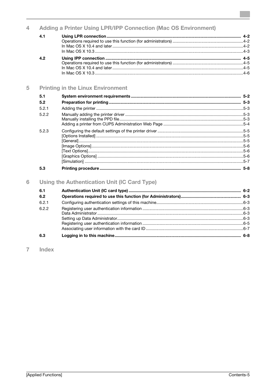 5printing in the linux environment, 6using the authentication unit (ic card type), 7index | Konica Minolta bizhub C3350 User Manual | Page 6 / 153