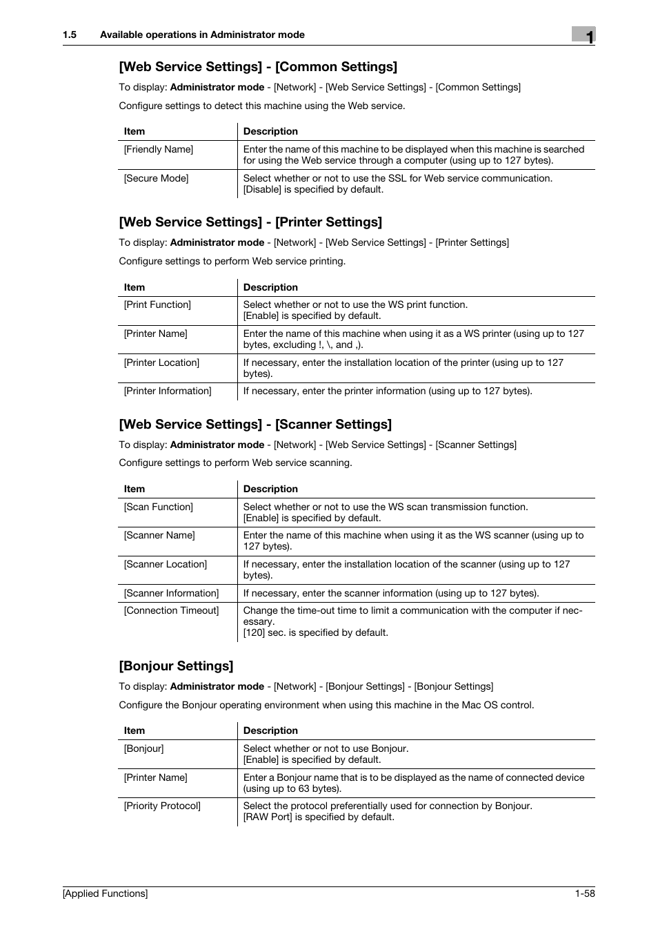 Web service settings] - [common settings, Web service settings] - [printer settings, Web service settings] - [scanner settings | Bonjour settings | Konica Minolta bizhub C3350 User Manual | Page 64 / 153