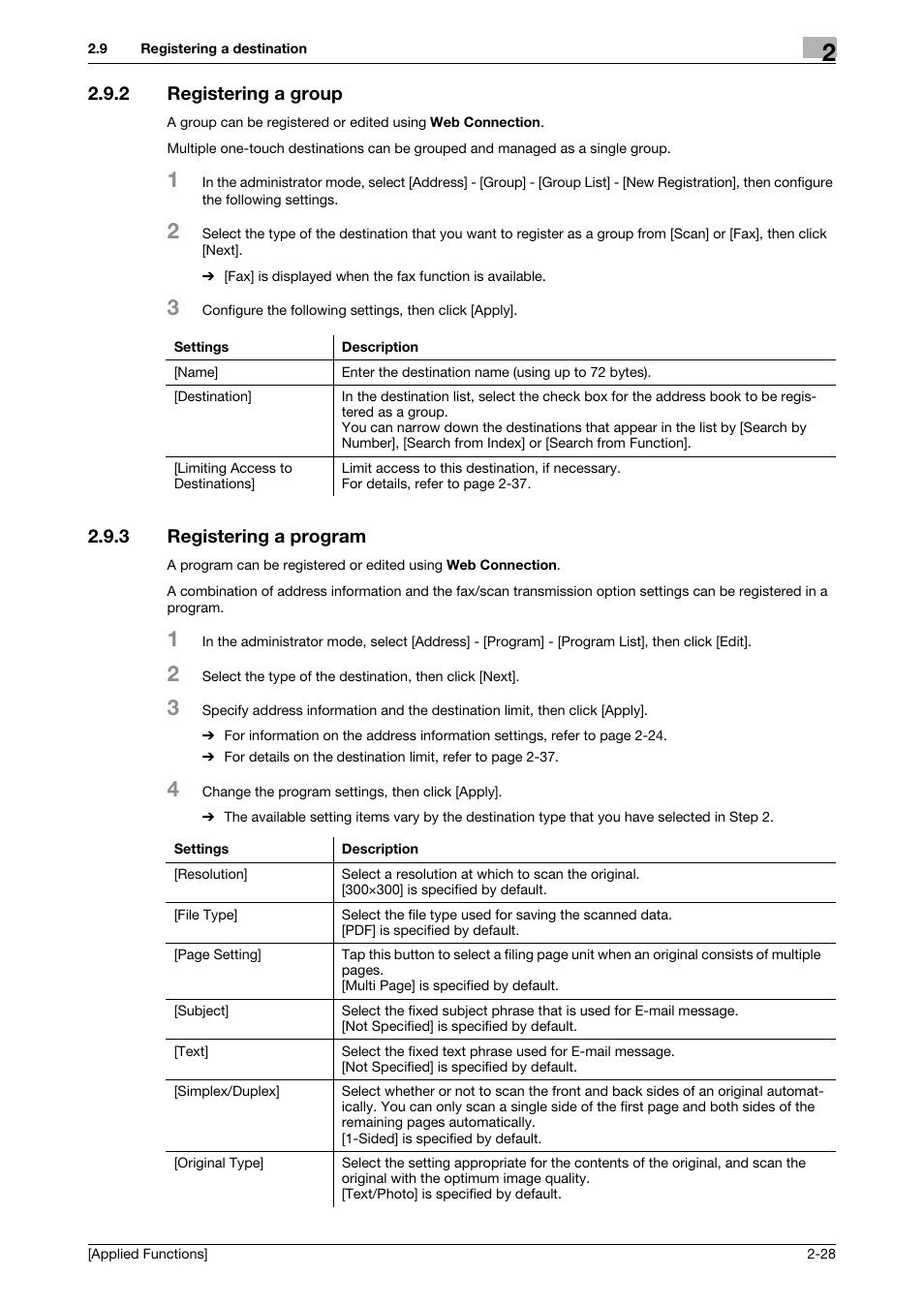 2 registering a group, 3 registering a program, Registering a group -28 | Registering a program -28 | Konica Minolta bizhub C3350 User Manual | Page 96 / 153