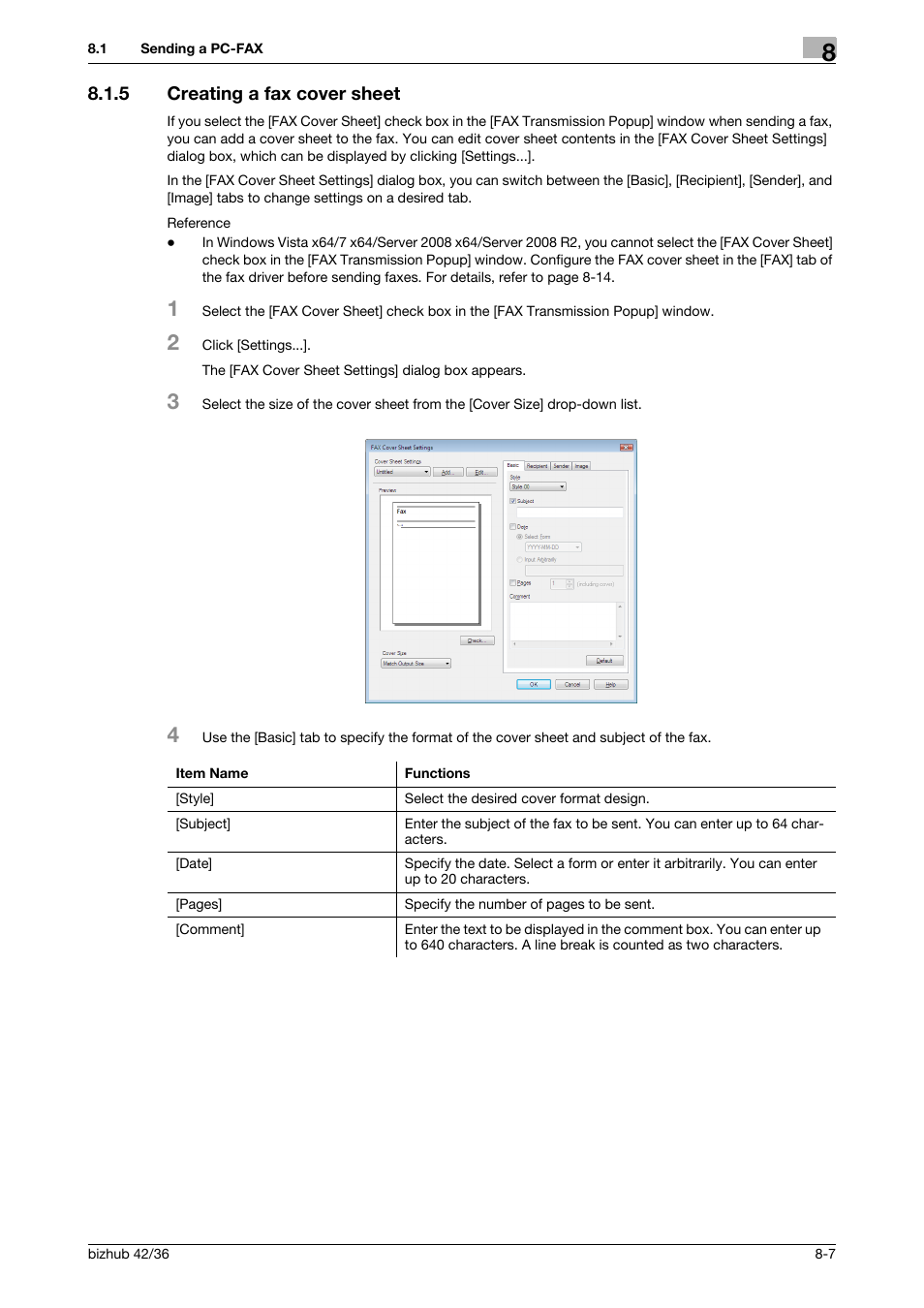 5 creating a fax cover sheet, Creating a fax cover sheet -7 | Konica Minolta bizhub 36 User Manual | Page 102 / 195