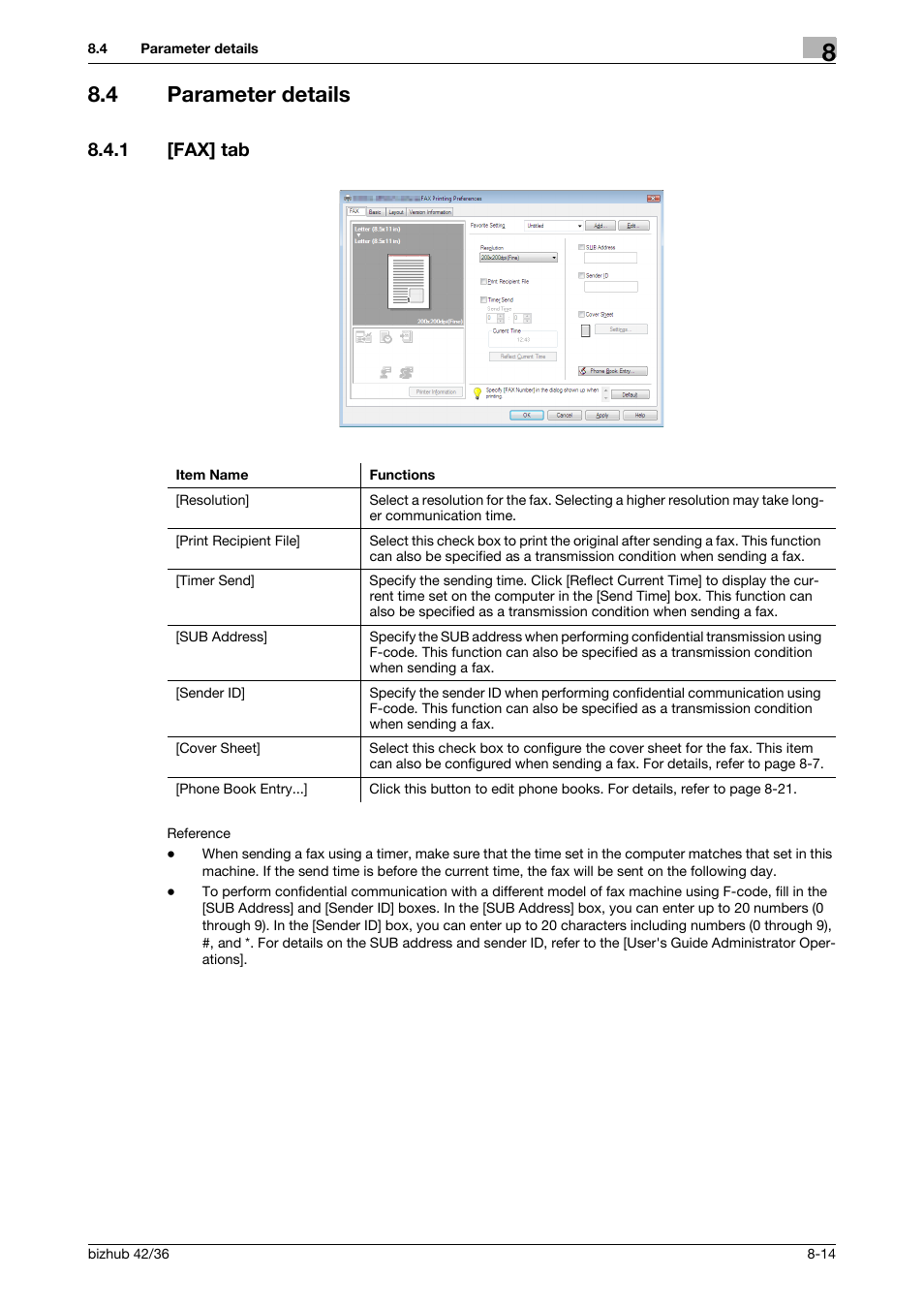 4 parameter details, 1 [fax] tab, Parameter details -14 | Fax] tab -14 | Konica Minolta bizhub 36 User Manual | Page 109 / 195