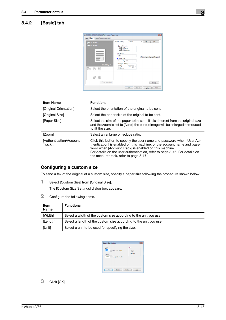 2 [basic] tab, Configuring a custom size, Basic] tab -15 configuring a custom size -15 | 2 [basic] tab configuring a custom size | Konica Minolta bizhub 36 User Manual | Page 110 / 195