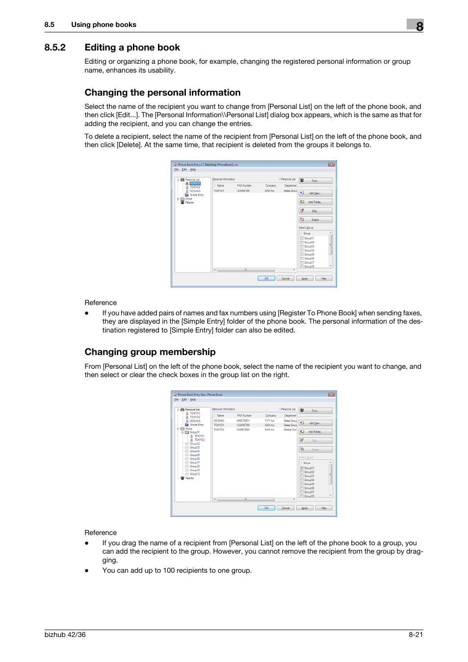 2 editing a phone book, Changing the personal information, Changing group membership | Konica Minolta bizhub 36 User Manual | Page 116 / 195