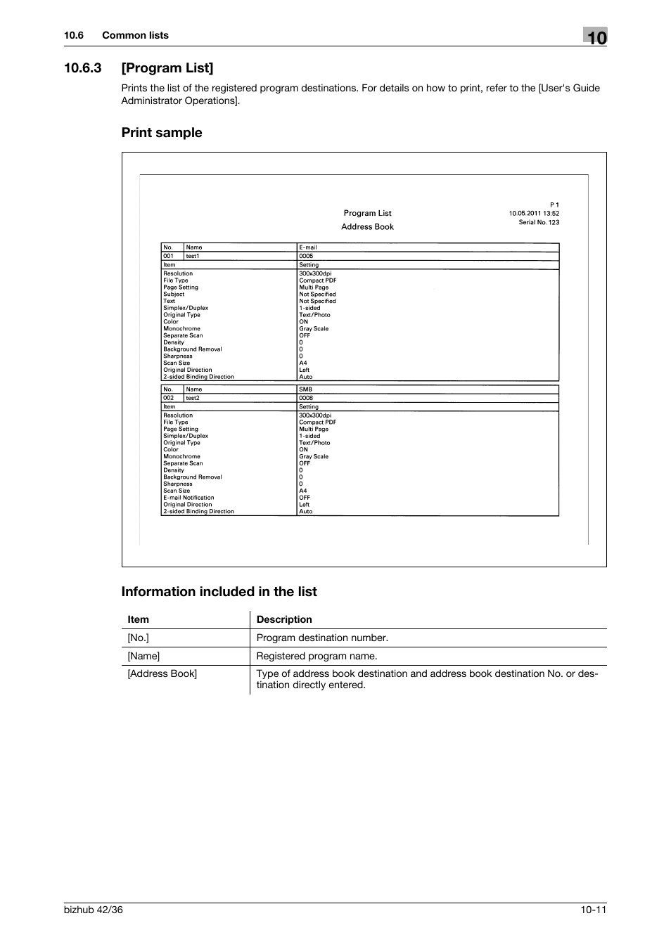 3 [program list, Print sample, Information included in the list | Konica Minolta bizhub 36 User Manual | Page 139 / 195
