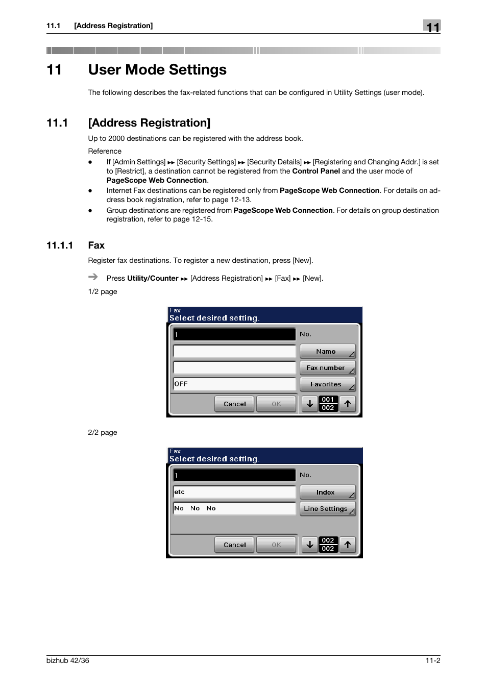 11 user mode settings, 1 [address registration, 1 fax | User mode settings, Address registration] -2, Fax -2 | Konica Minolta bizhub 36 User Manual | Page 143 / 195