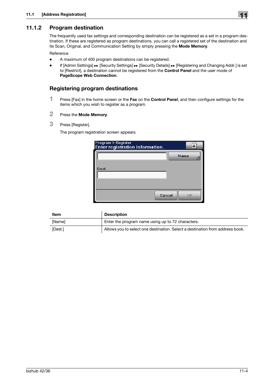2 program destination, Registering program destinations | Konica Minolta bizhub 36 User Manual | Page 145 / 195