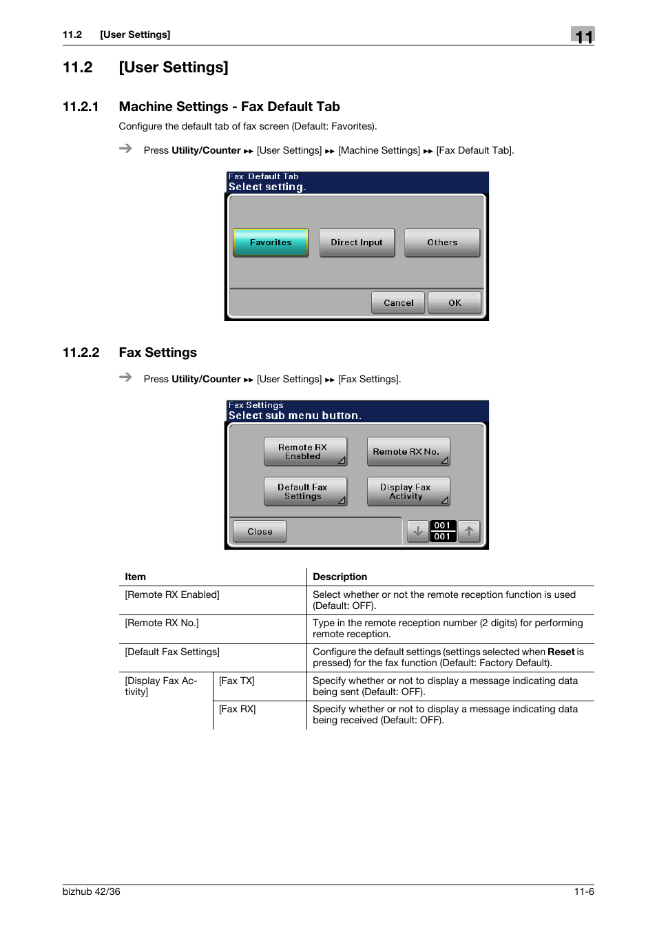 2 [user settings, 1 machine settings - fax default tab, 2 fax settings | User settings] -6, Machine settings - fax default tab -6, Fax settings -6 | Konica Minolta bizhub 36 User Manual | Page 147 / 195