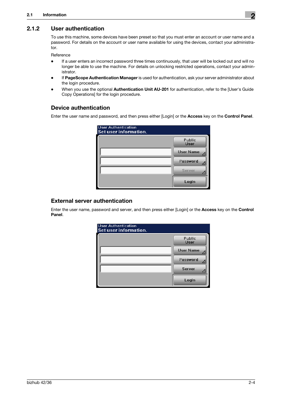 2 user authentication, Device authentication, External server authentication | Konica Minolta bizhub 36 User Manual | Page 15 / 195