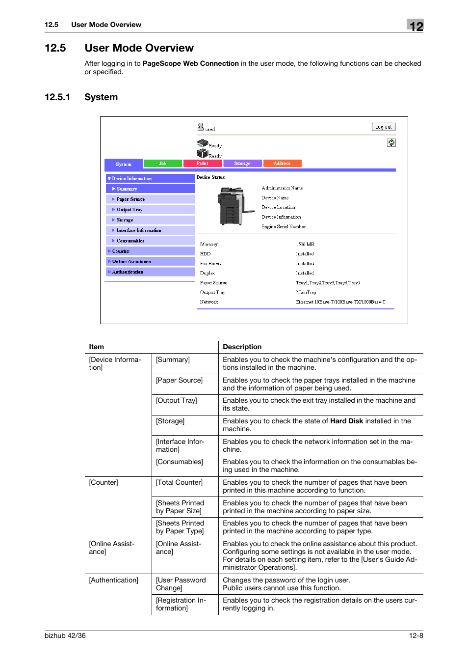 5 user mode overview, 1 system, User mode overview -8 | System -8 | Konica Minolta bizhub 36 User Manual | Page 155 / 195