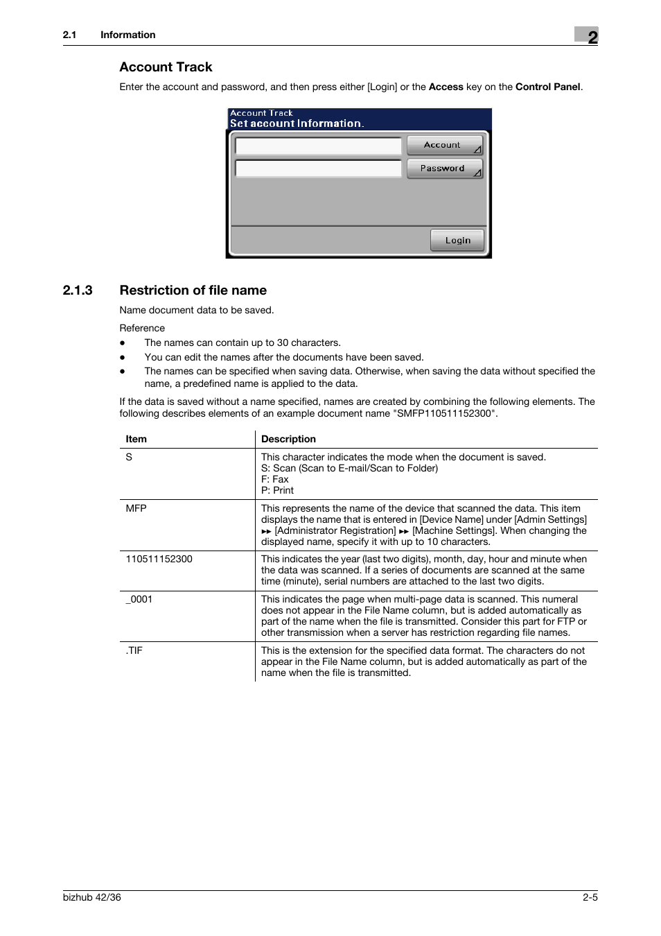 Account track, 3 restriction of file name, Account track -5 | Restriction of file name -5 | Konica Minolta bizhub 36 User Manual | Page 16 / 195