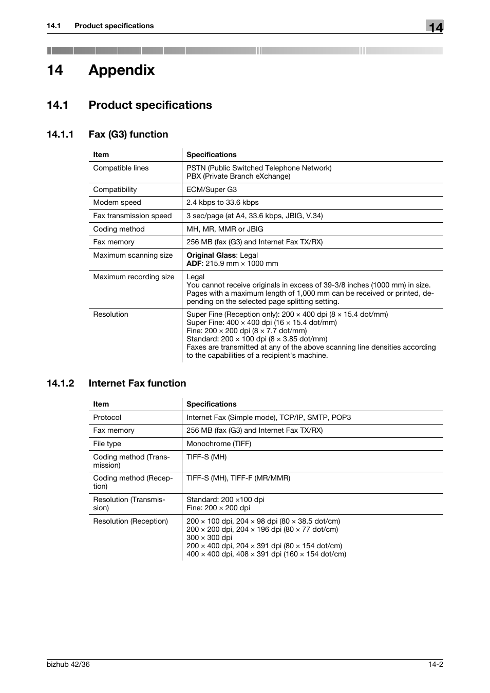 14 appendix, 1 product specifications, 1 fax (g3) function | 2 internet fax function, Appendix, Product specifications -2, Fax (g3) function -2, Internet fax function -2 | Konica Minolta bizhub 36 User Manual | Page 180 / 195