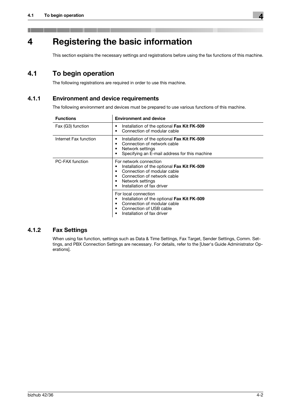 4 registering the basic information, 1 to begin operation, 1 environment and device requirements | 2 fax settings, Registering the basic information, To begin operation -2, Environment and device requirements -2, Fax settings -2, 4registering the basic information | Konica Minolta bizhub 36 User Manual | Page 30 / 195