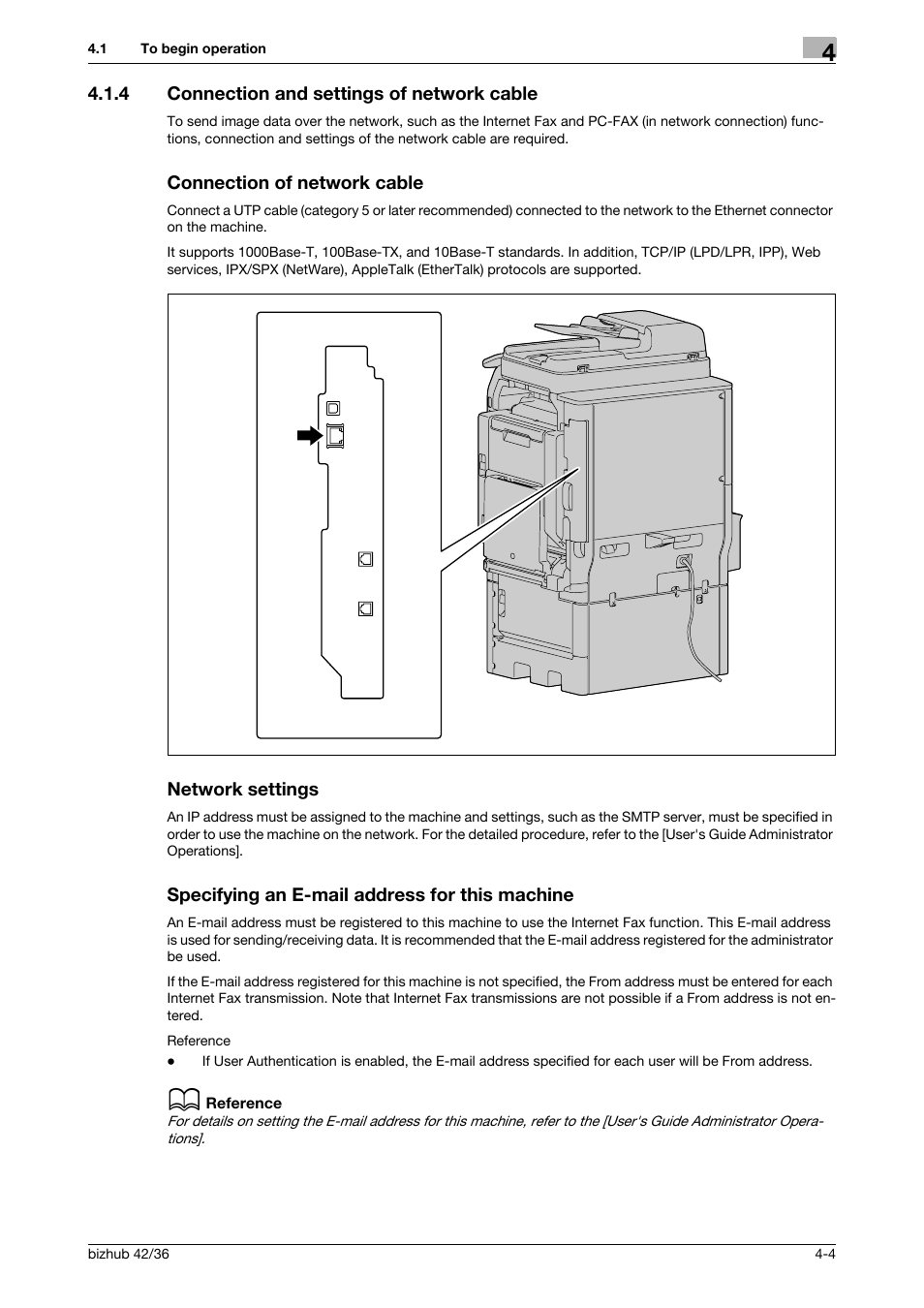 4 connection and settings of network cable, Connection of network cable, Network settings | Specifying an e-mail address for this machine | Konica Minolta bizhub 36 User Manual | Page 32 / 195