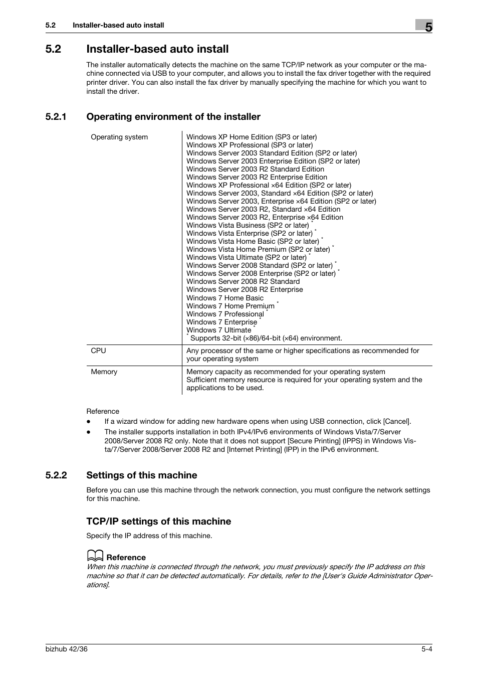 2 installer-based auto install, 1 operating environment of the installer, 2 settings of this machine | Tcp/ip settings of this machine, Installer-based auto install -4, Operating environment of the installer -4, P. 5-4 | Konica Minolta bizhub 36 User Manual | Page 38 / 195