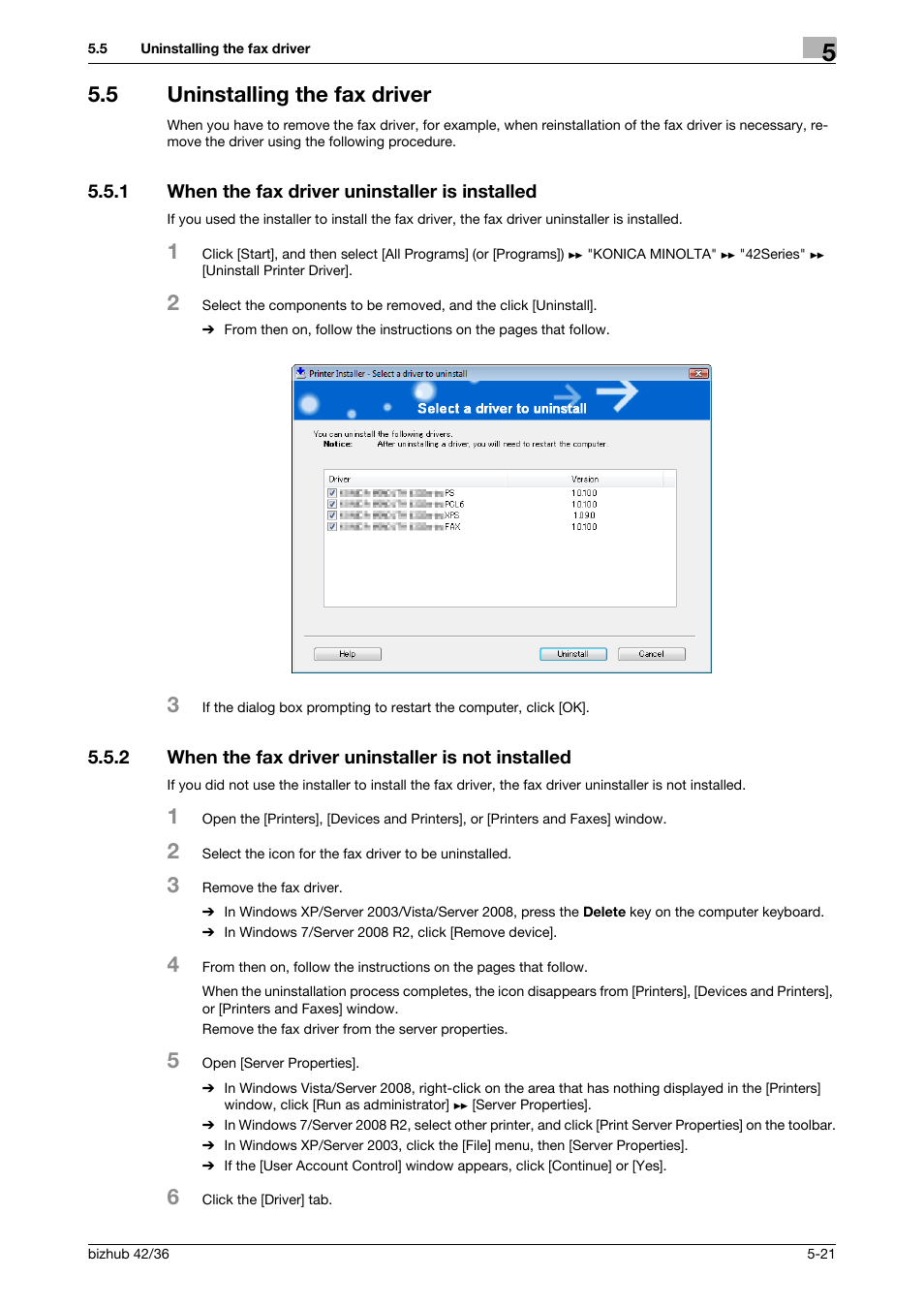 5 uninstalling the fax driver, 1 when the fax driver uninstaller is installed, 2 when the fax driver uninstaller is not installed | Uninstalling the fax driver -21, When the fax driver uninstaller is installed -21 | Konica Minolta bizhub 36 User Manual | Page 55 / 195