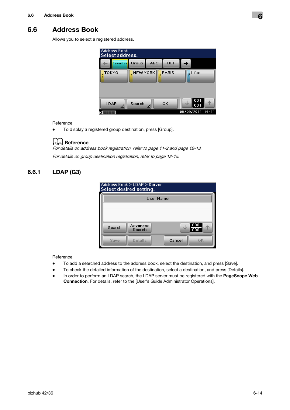 6 address book, 1 ldap (g3), Address book -14 | Ldap (g3) -14, Ook (p. 6-14), Ch (p. 6-14), P. 6-14), P. 6-14 | Konica Minolta bizhub 36 User Manual | Page 70 / 195