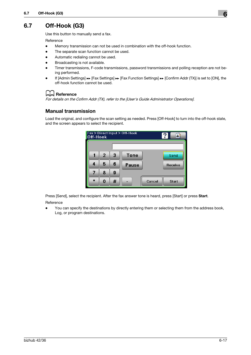 7 off-hook (g3), Manual transmission, Off-hook (g3) -17 manual transmission -17 | P. 6-17 | Konica Minolta bizhub 36 User Manual | Page 73 / 195