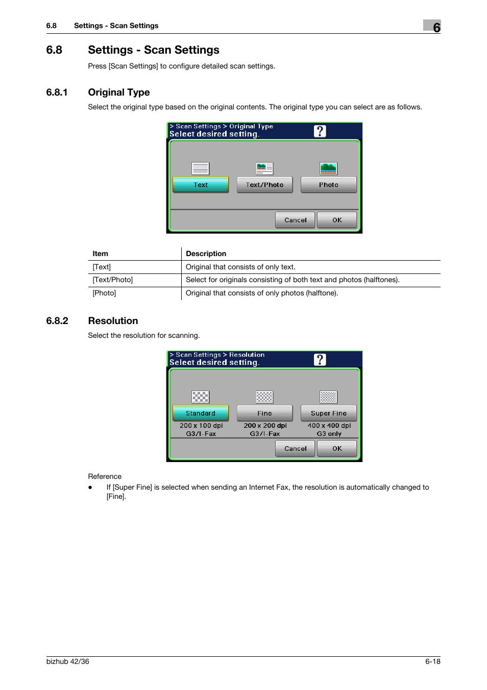 8 settings - scan settings, 1 original type, 2 resolution | Settings - scan settings -18, Original type -18, Resolution -18, S (p. 6-18), origi, P. 6-18 | Konica Minolta bizhub 36 User Manual | Page 74 / 195