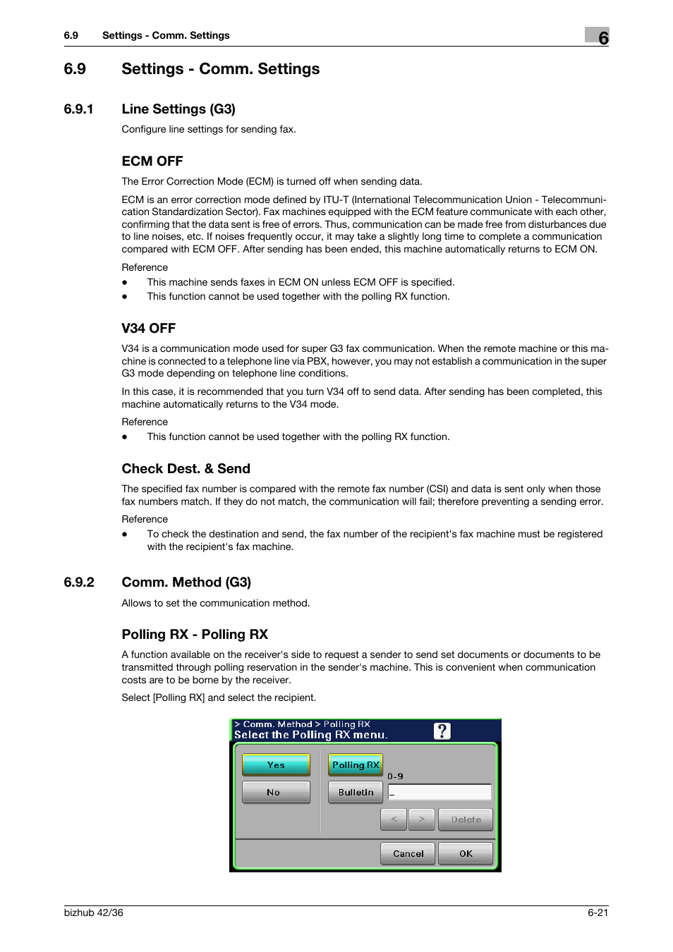 9 settings - comm. settings, 1 line settings (g3), Ecm off | V34 off, Check dest. & send, 2 comm. method (g3), Polling rx - polling rx, Settings - comm. settings -21, Comm. method (g3) -21 polling rx - polling rx -21, P. 6-21) | Konica Minolta bizhub 36 User Manual | Page 77 / 195