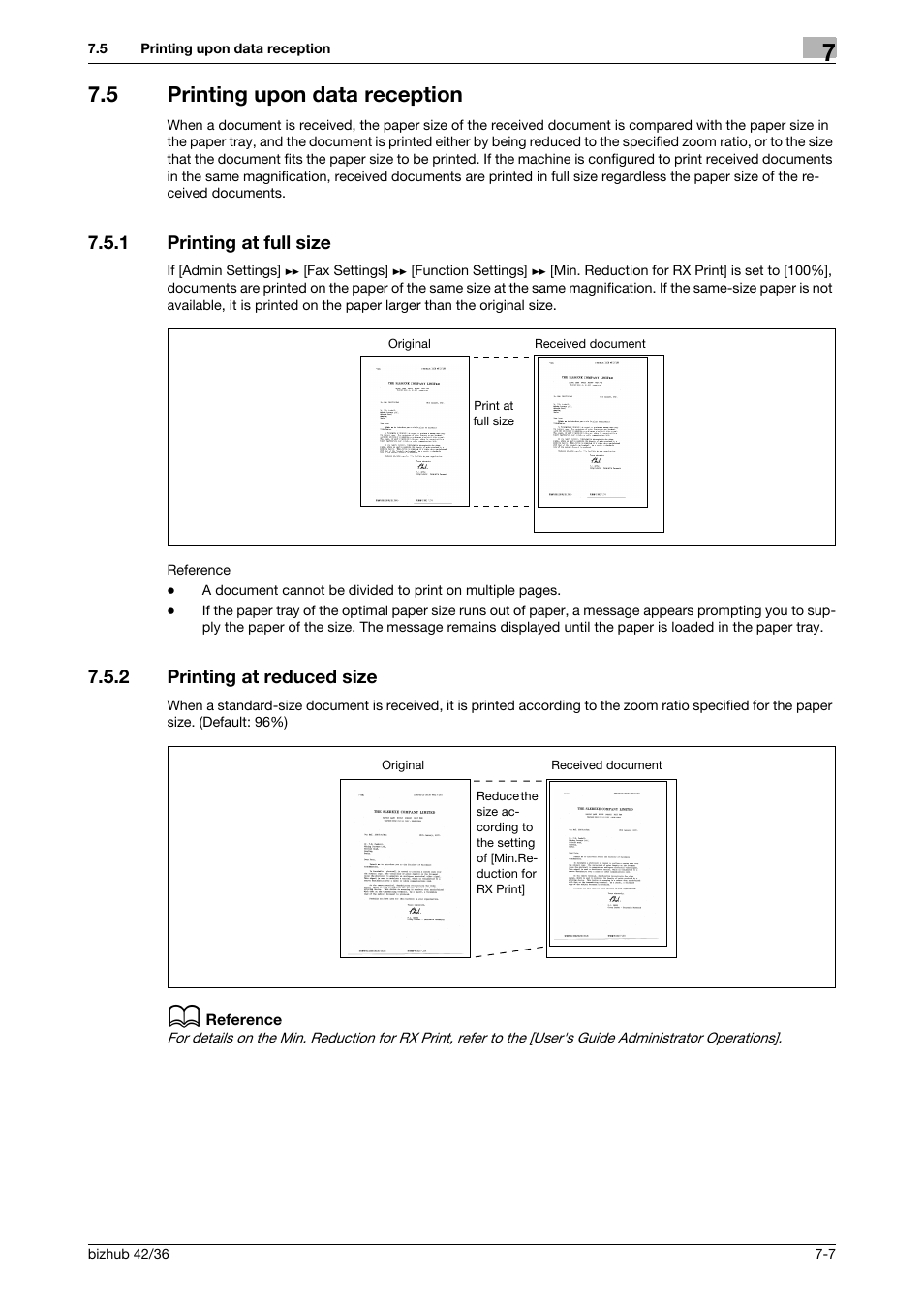 5 printing upon data reception, 1 printing at full size, 2 printing at reduced size | Printing upon data reception -7, Printing at full size -7, Printing at reduced size -7 | Konica Minolta bizhub 36 User Manual | Page 92 / 195