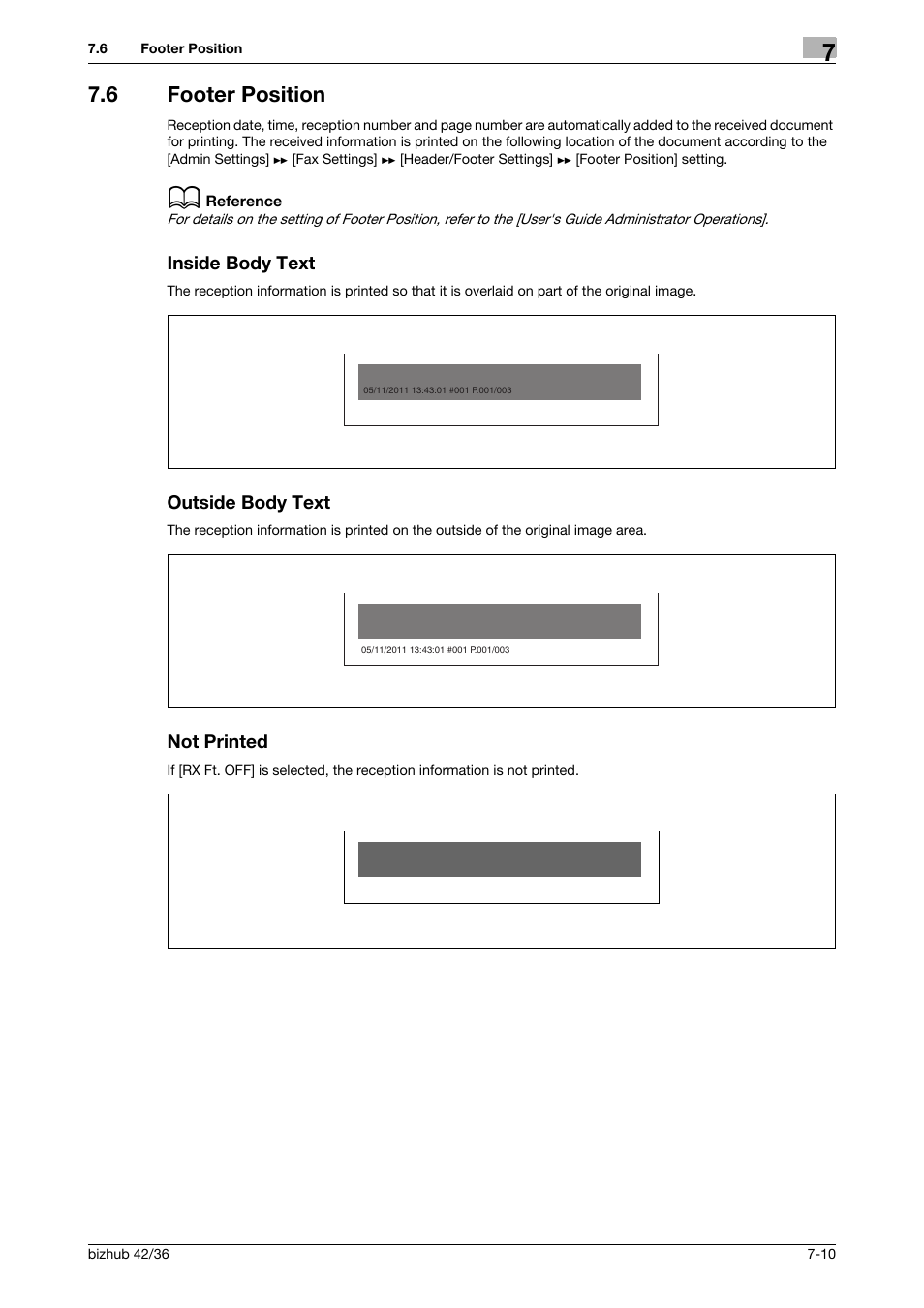 6 footer position, Inside body text, Outside body text | Not printed | Konica Minolta bizhub 36 User Manual | Page 95 / 195