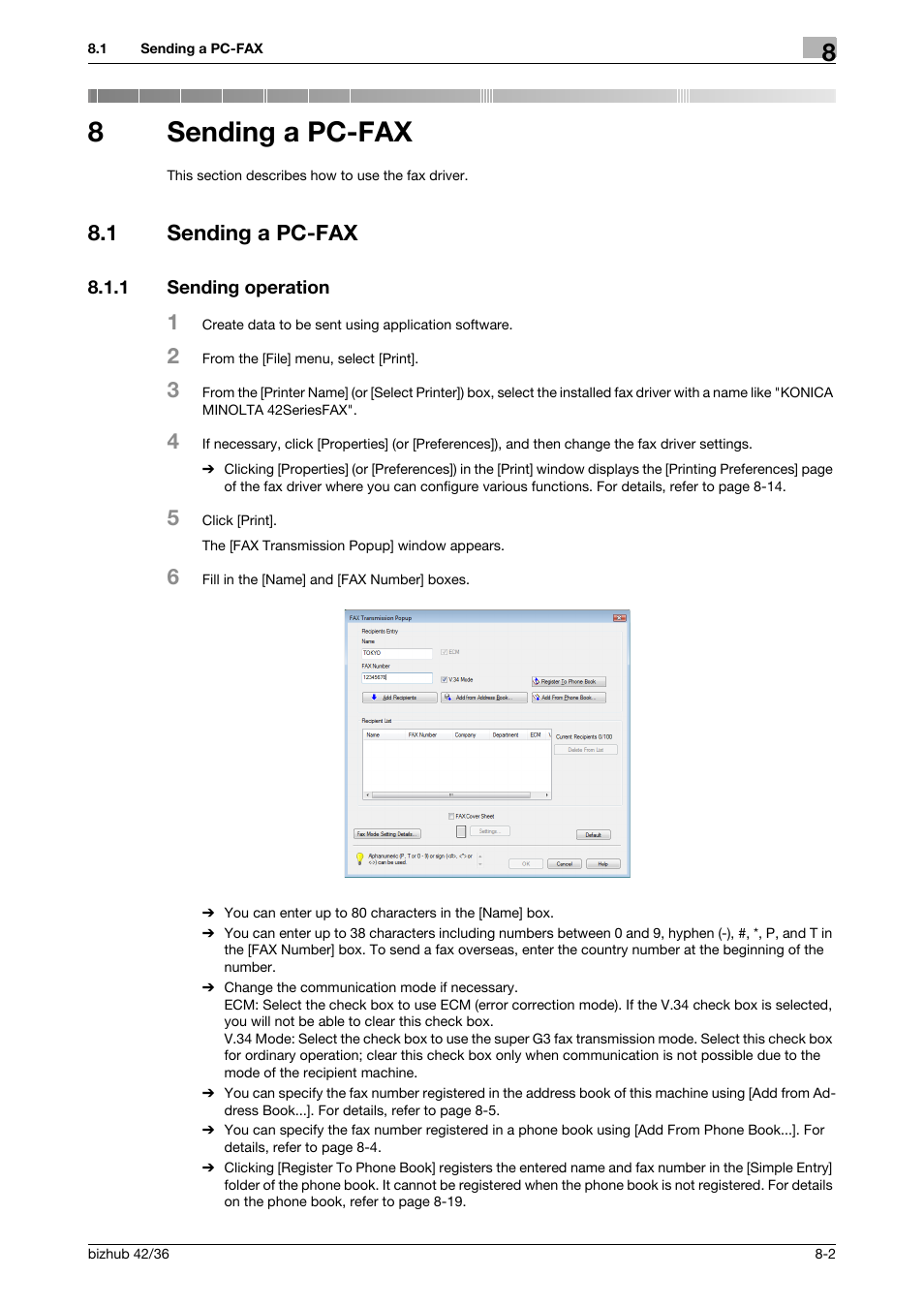8 sending a pc-fax, 1 sending a pc-fax, 1 sending operation | Sending a pc-fax, Sending a pc-fax -2, Sending operation -2, 8sending a pc-fax | Konica Minolta bizhub 36 User Manual | Page 97 / 195