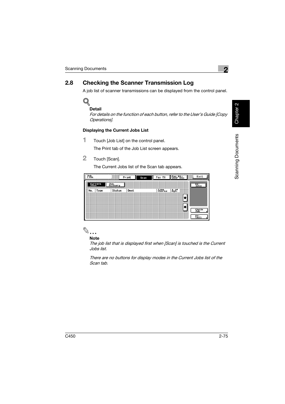8 checking the scanner transmission log, Displaying the current jobs list, Checking the scanner transmission log -75 | Displaying the current jobs list -75 | Konica Minolta BIZHUB C450 User Manual | Page 108 / 396