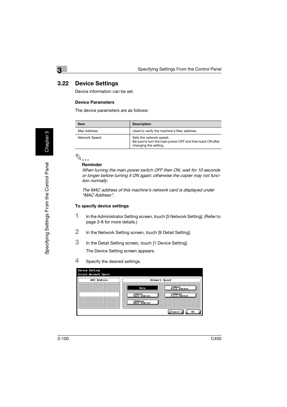 22 device settings, Device parameters, To specify device settings | Device settings -100 | Konica Minolta BIZHUB C450 User Manual | Page 211 / 396