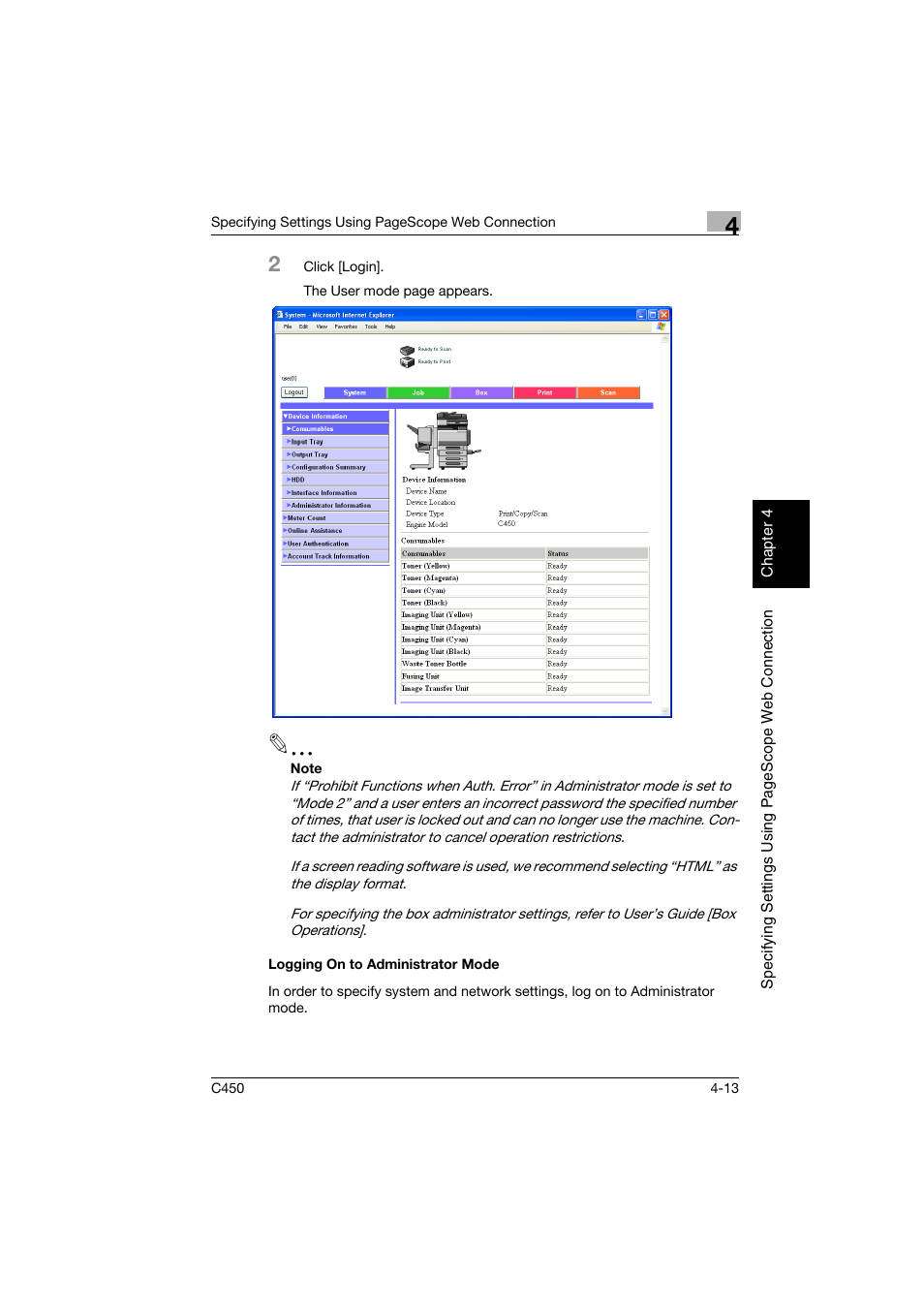 Logging on to administrator mode, Logging on to administrator mode -13 | Konica Minolta BIZHUB C450 User Manual | Page 272 / 396