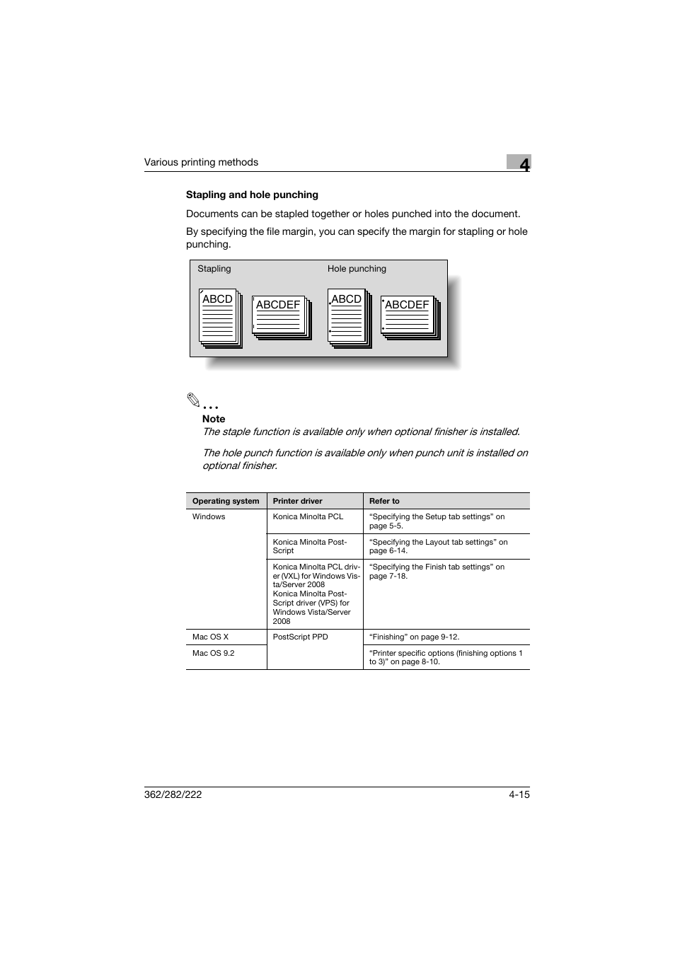 Stapling and hole punching, Stapling and hole punching -15 | Konica Minolta bizhub 362 User Manual | Page 109 / 372