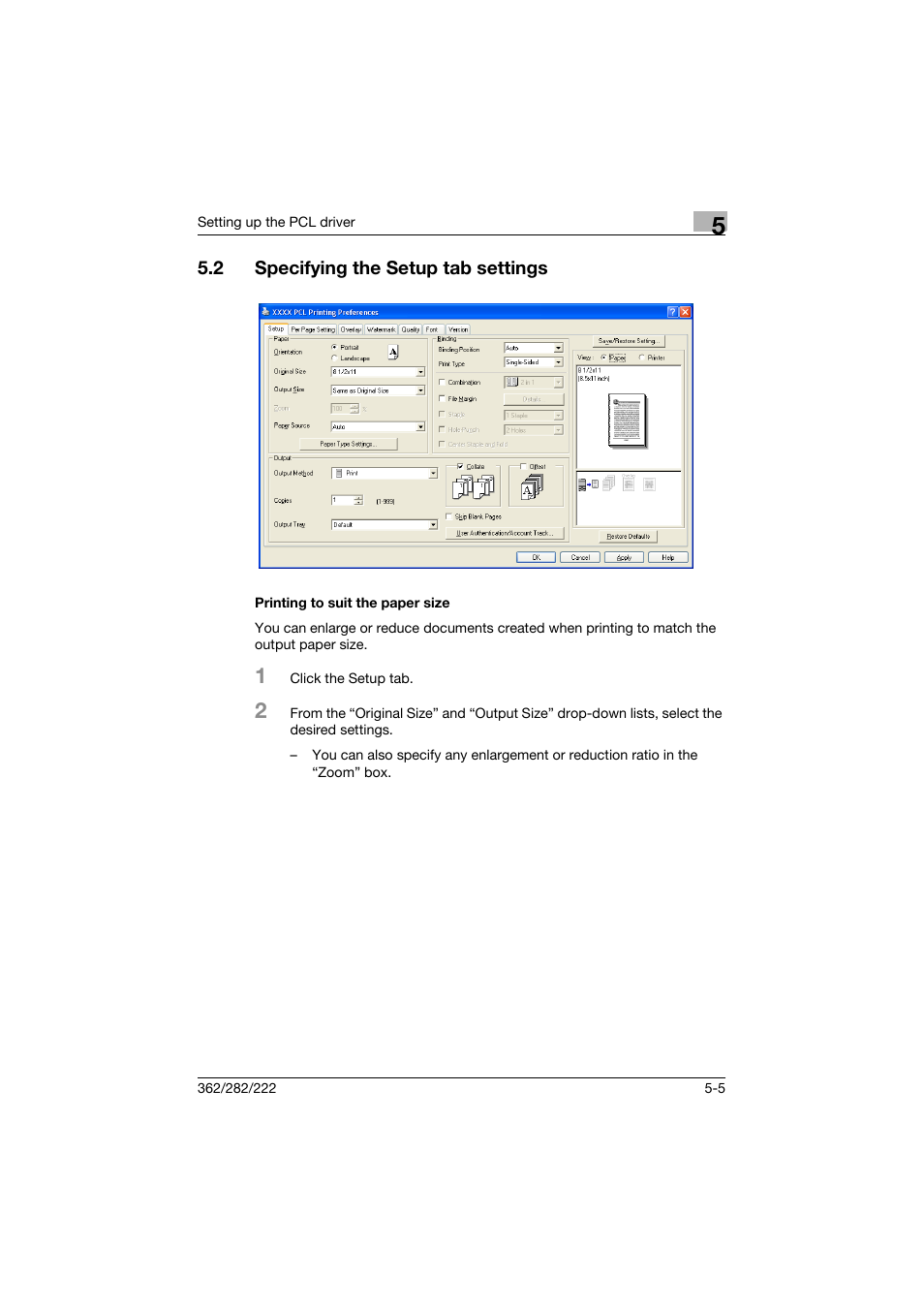 2 specifying the setup tab settings, Printing to suit the paper size, Specifying the setup tab settings -5 | Printing to suit the paper size -5 | Konica Minolta bizhub 362 User Manual | Page 126 / 372