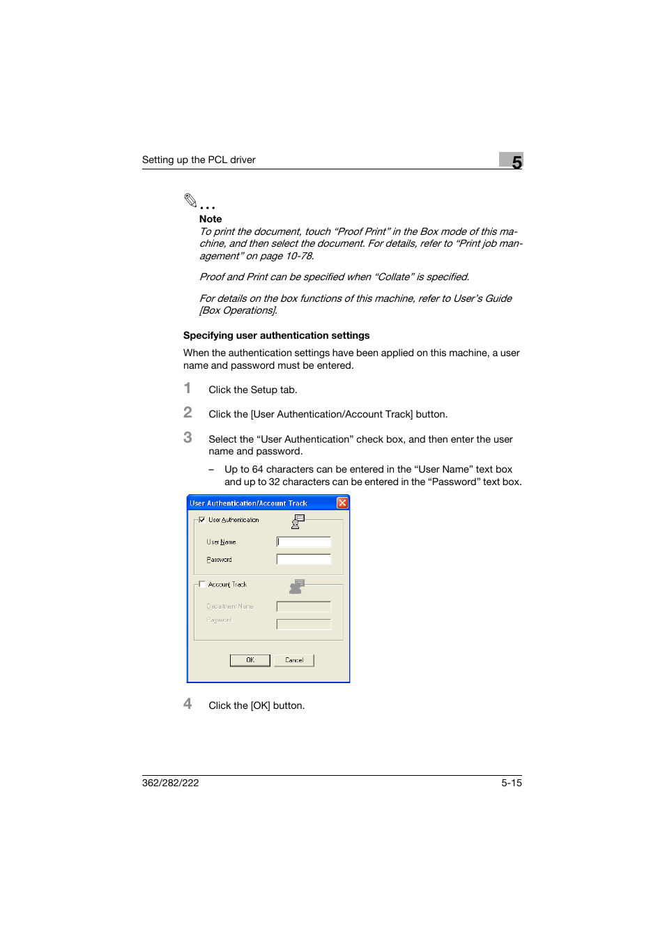 Specifying user authentication settings, Specifying user authentication settings -15 | Konica Minolta bizhub 362 User Manual | Page 136 / 372
