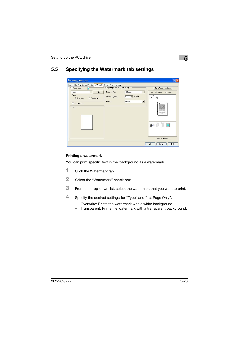 5 specifying the watermark tab settings, Printing a watermark, Specifying the watermark tab settings -26 | Printing a watermark -26 | Konica Minolta bizhub 362 User Manual | Page 147 / 372