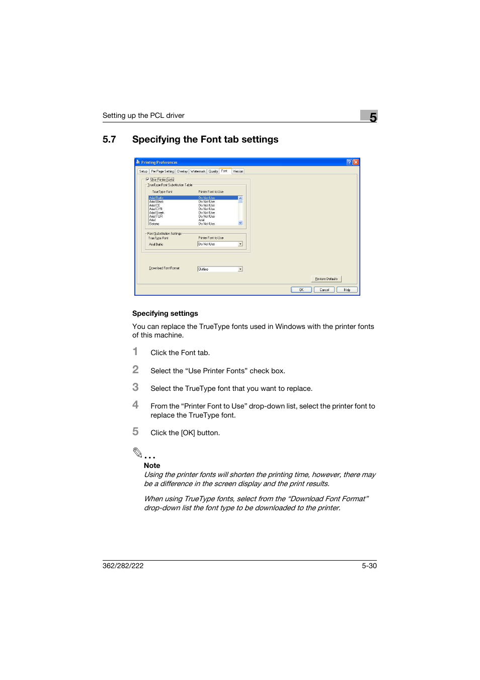 7 specifying the font tab settings, Specifying settings, Specifying the font tab settings -30 | Specifying settings -30 | Konica Minolta bizhub 362 User Manual | Page 151 / 372