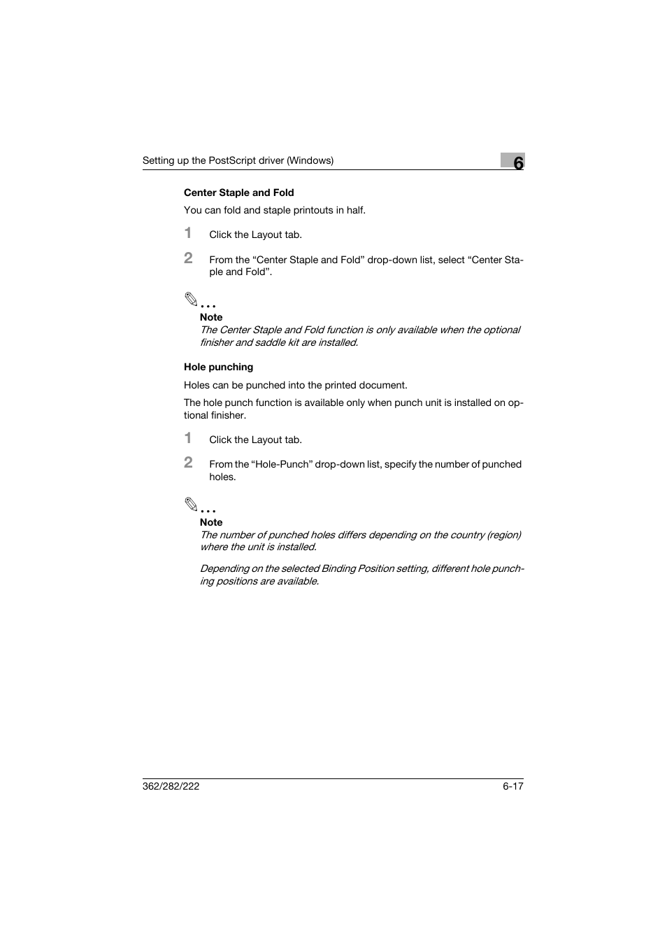 Center staple and fold, Hole punching, Center staple and fold -17 hole punching -17 | Konica Minolta bizhub 362 User Manual | Page 173 / 372